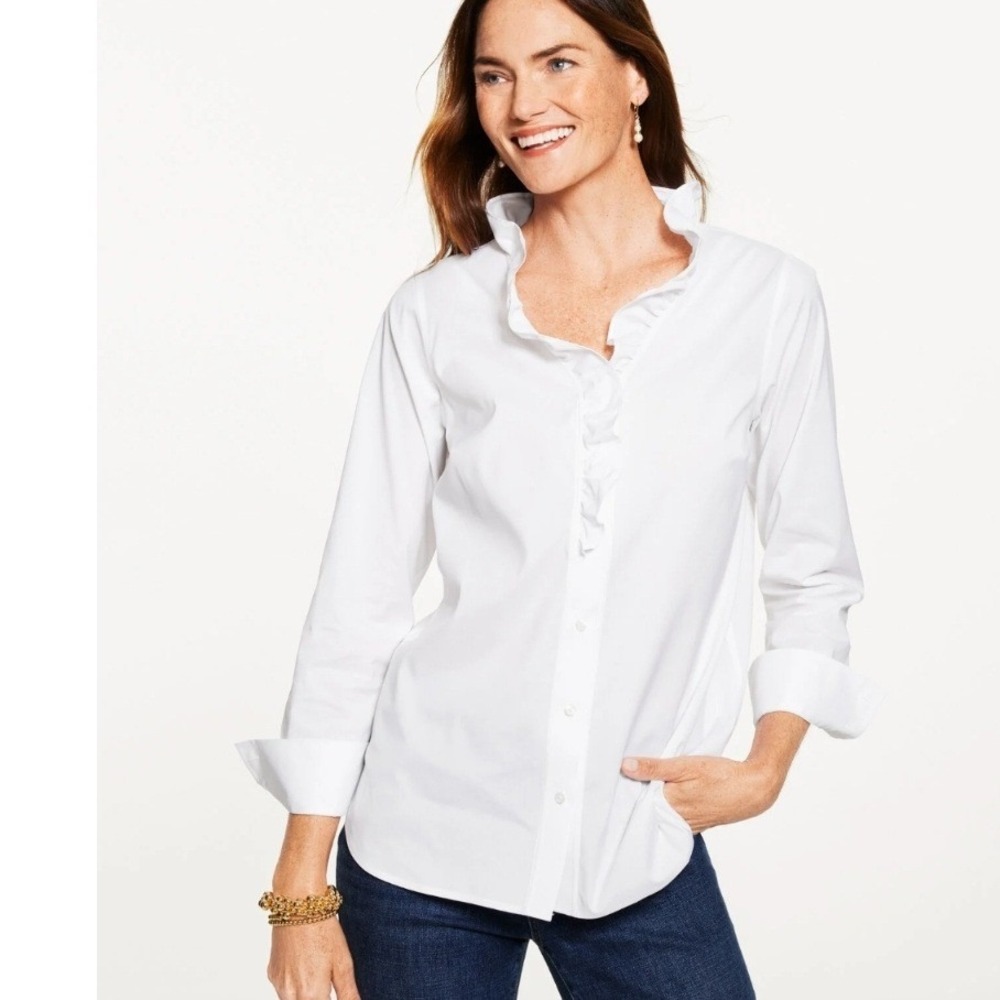 Talbots Petite White Cotton Ruffle Front Button Down Shirt Size‎ 2P
